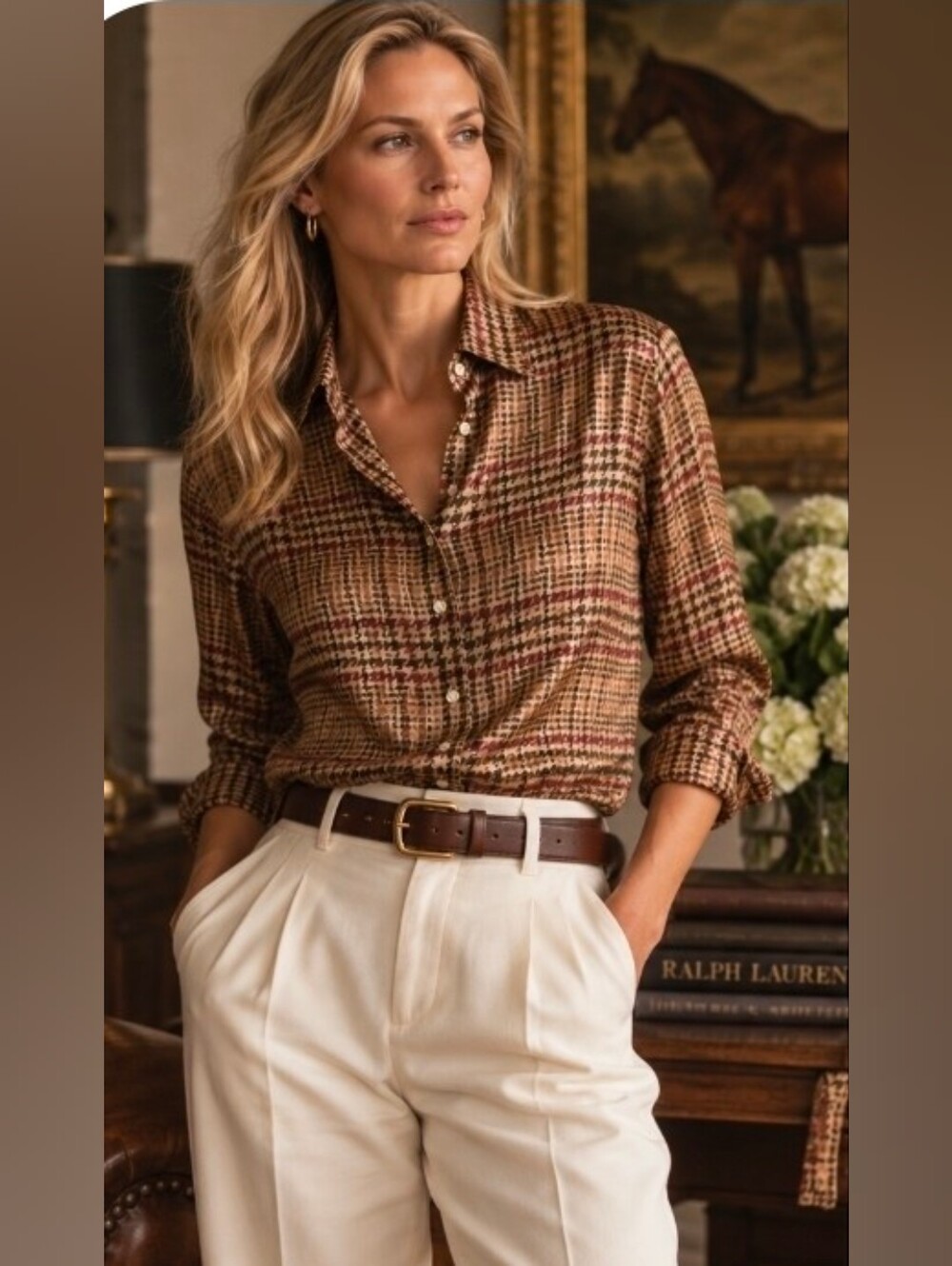 Lauren Ralph Lauren Vintage Silk Button Down Houndstooth Pattern Blouse Sz Large